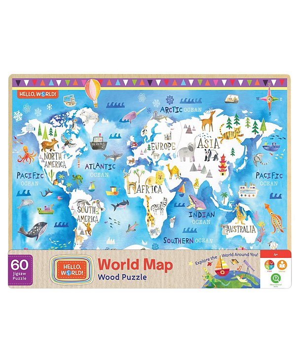 Hello, World! - World Map 60 Piece Wood Jigsaw Puzzle