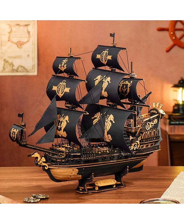 3D Puzzles, Wooden Puzzle with Pirate Ship Theme, Building Toys for Kids Adults, Black, 18.5"7.1"15.4