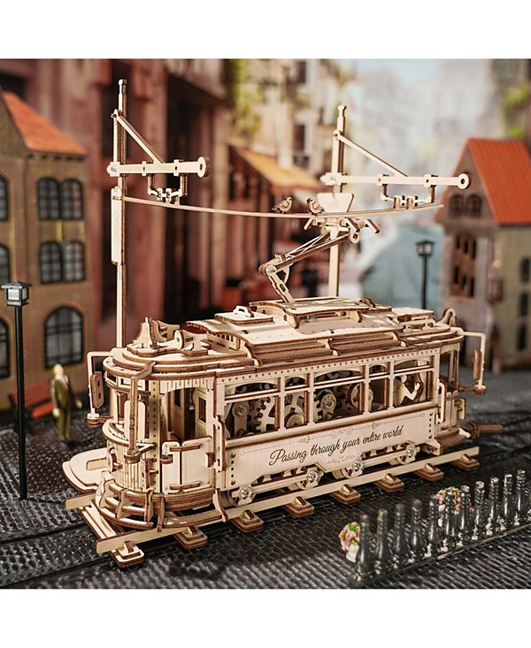 3D Puzzle Classic City Tram Car Mechanical Gear Model Kit, Beige, 11.3"6.49"9.72"