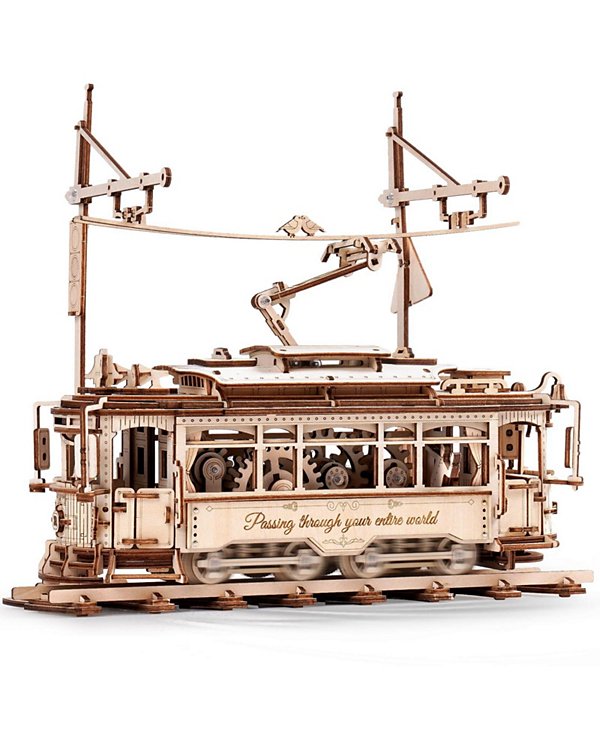 3D Puzzle Classic City Tram Car Mechanical Gear Model Kit, Beige, 11.3"6.49"9.72"